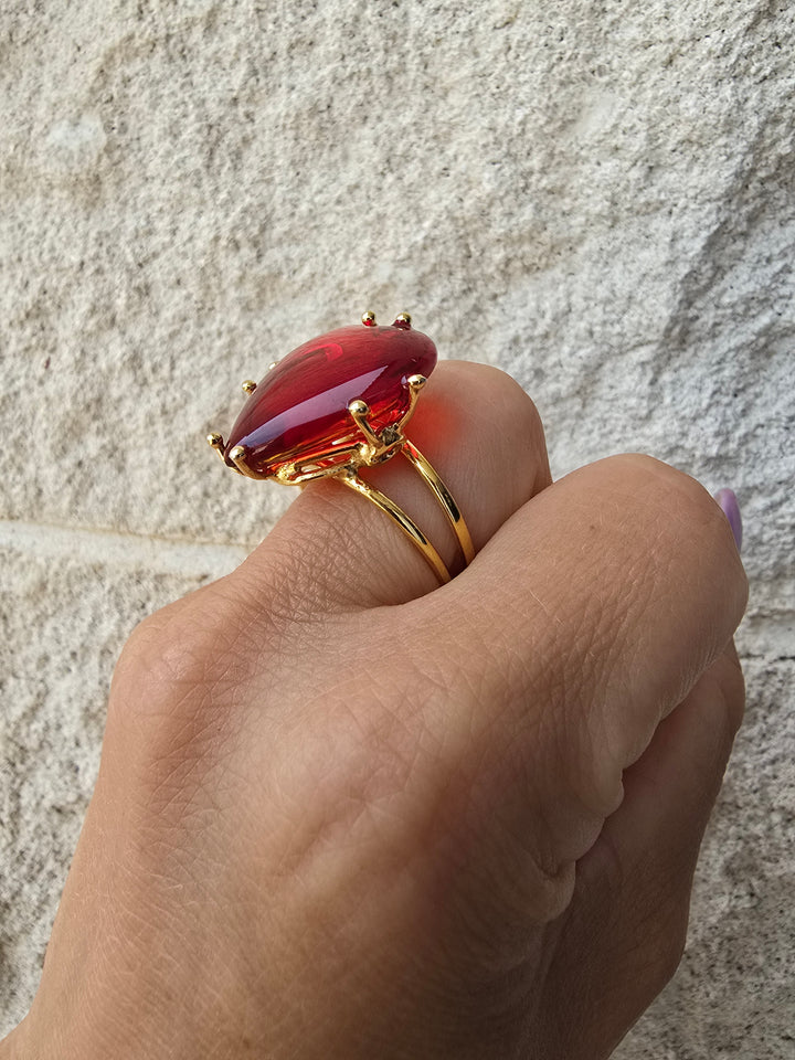 Baltic red amber heart ring set in silver