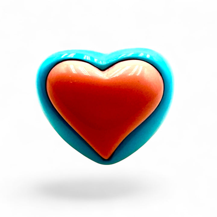 Pink heart ring in pink coral paste and turquoise paste with 4 flowers