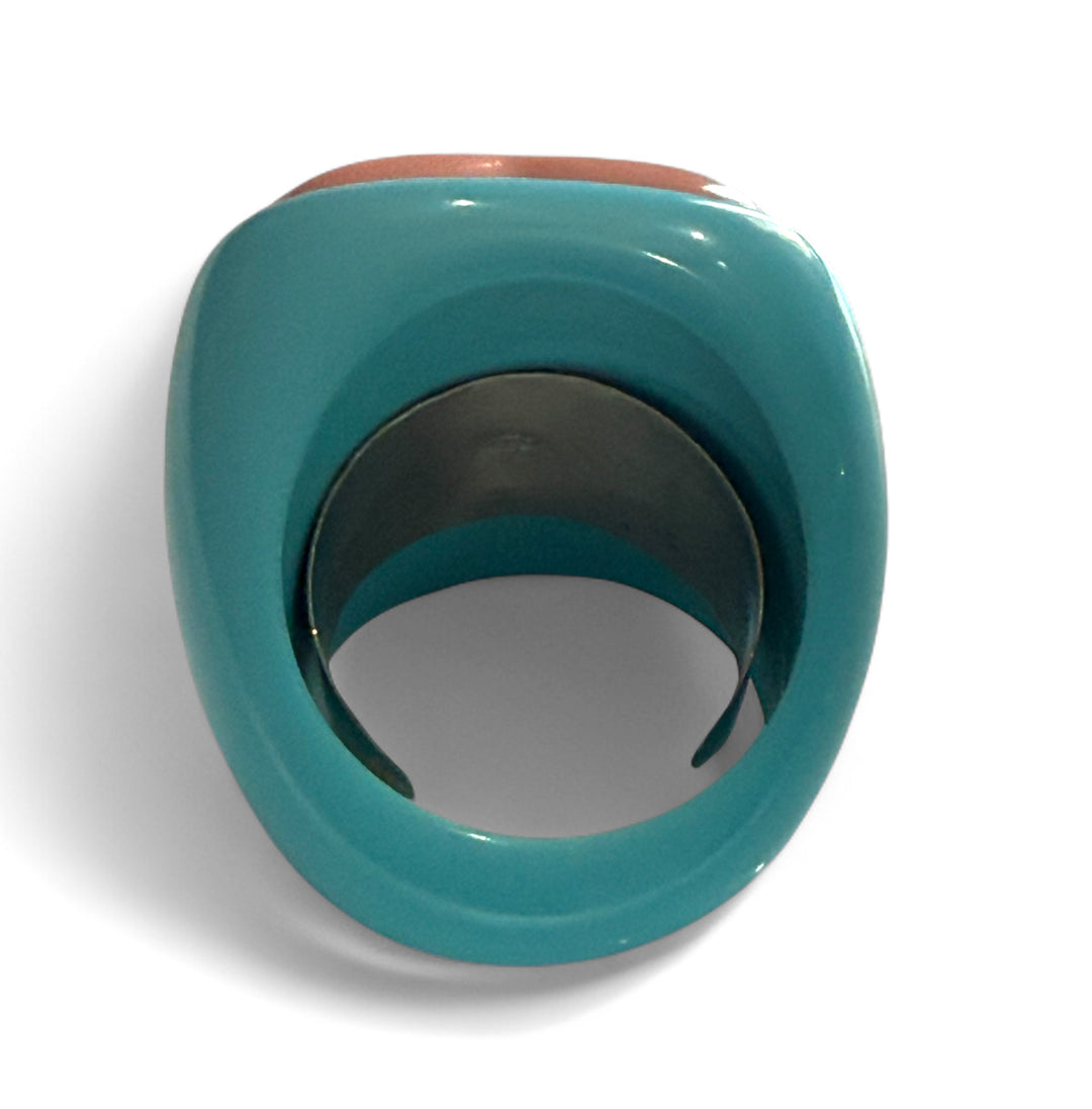 Pink heart ring in pink coral paste and turquoise paste with 4 flowers