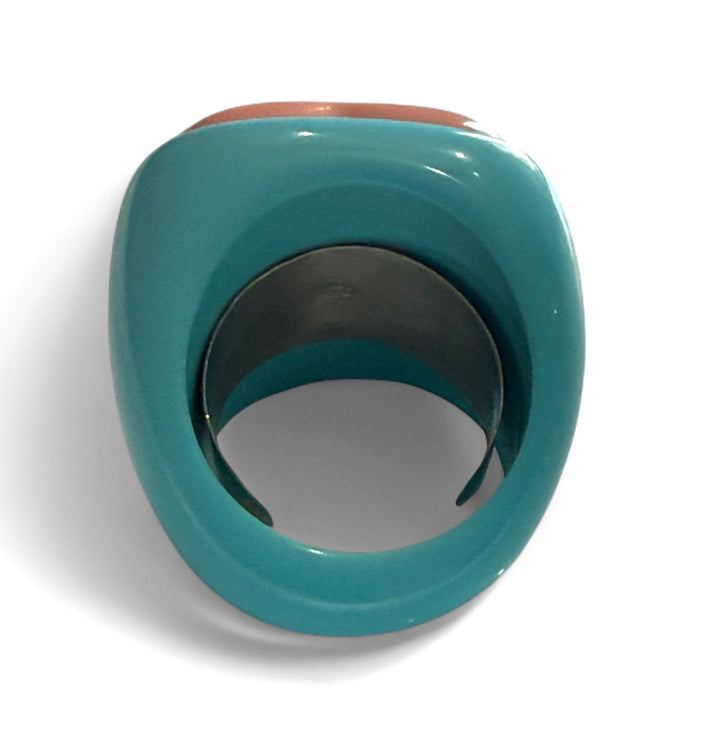 Pink heart ring in pink coral paste and turquoise paste with 4 flowers