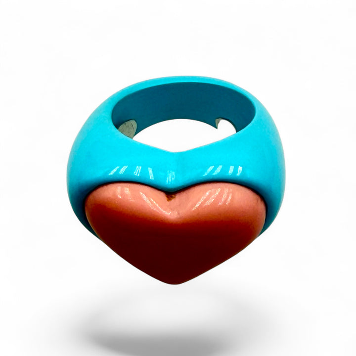 Pink heart ring in pink coral paste and turquoise paste with 4 flowers