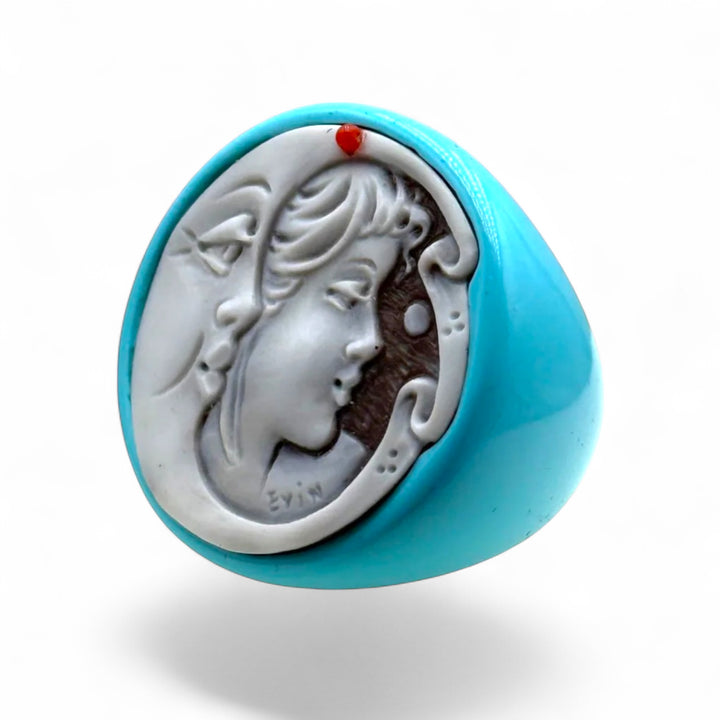 “Lady Moon” cameo ring mounted in turquoise paste and silver