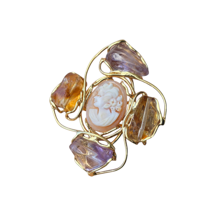 Anello dea di cammeo montata in citrino, ametista e argento galvanica oro