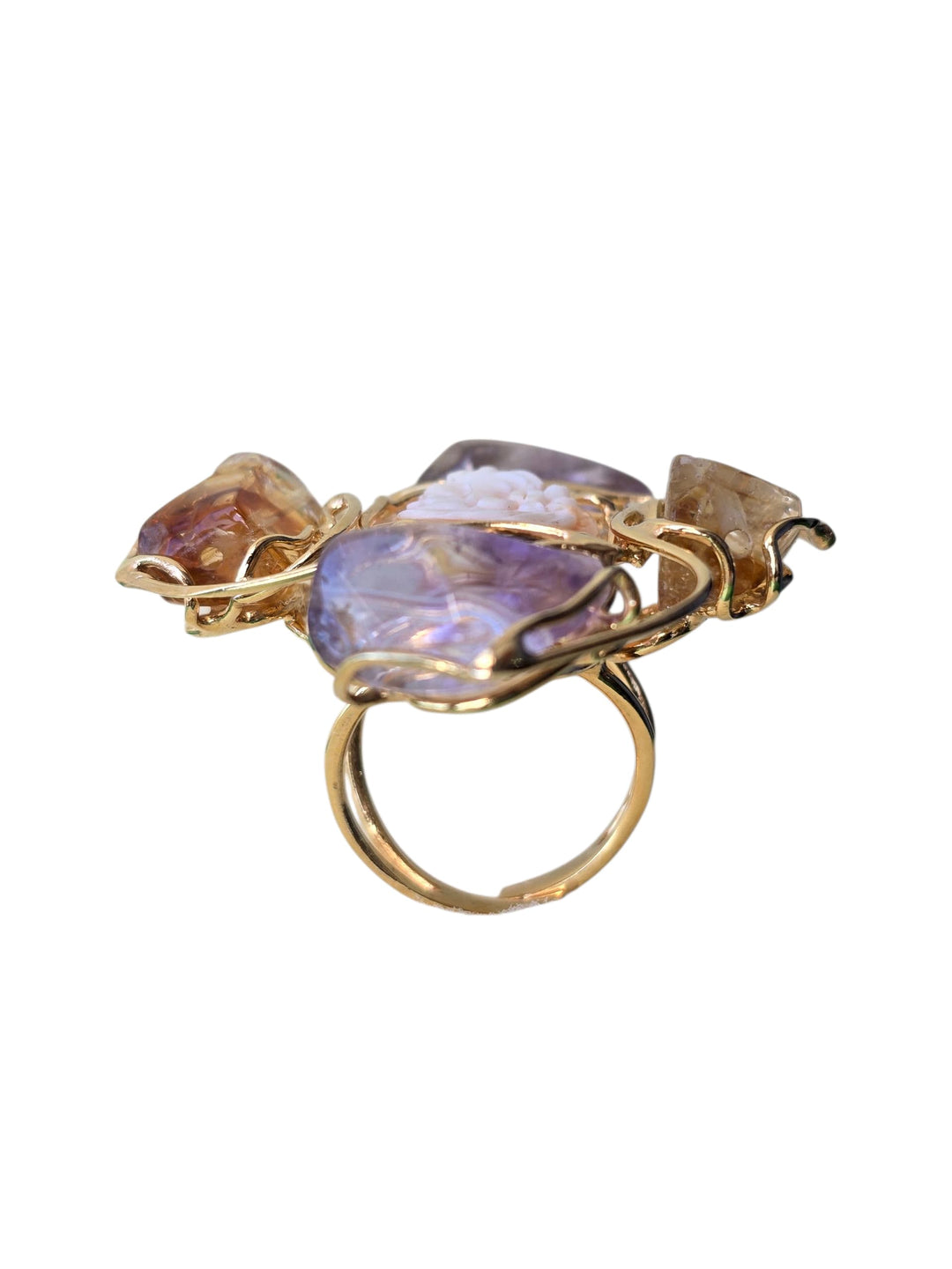 Anello dea di cammeo montata in citrino, ametista e argento galvanica oro