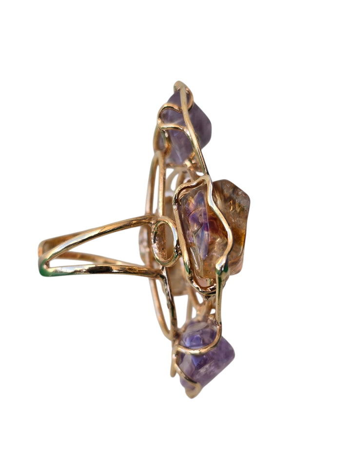 Anello dea di cammeo montata in citrino, ametista e argento galvanica oro