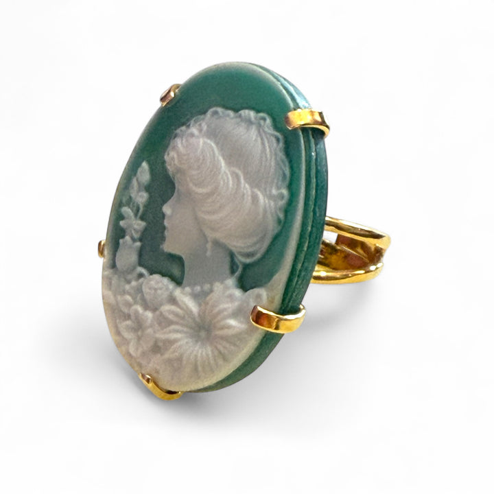 Goddess ring engraved on green agate mounted on gold-plated silver