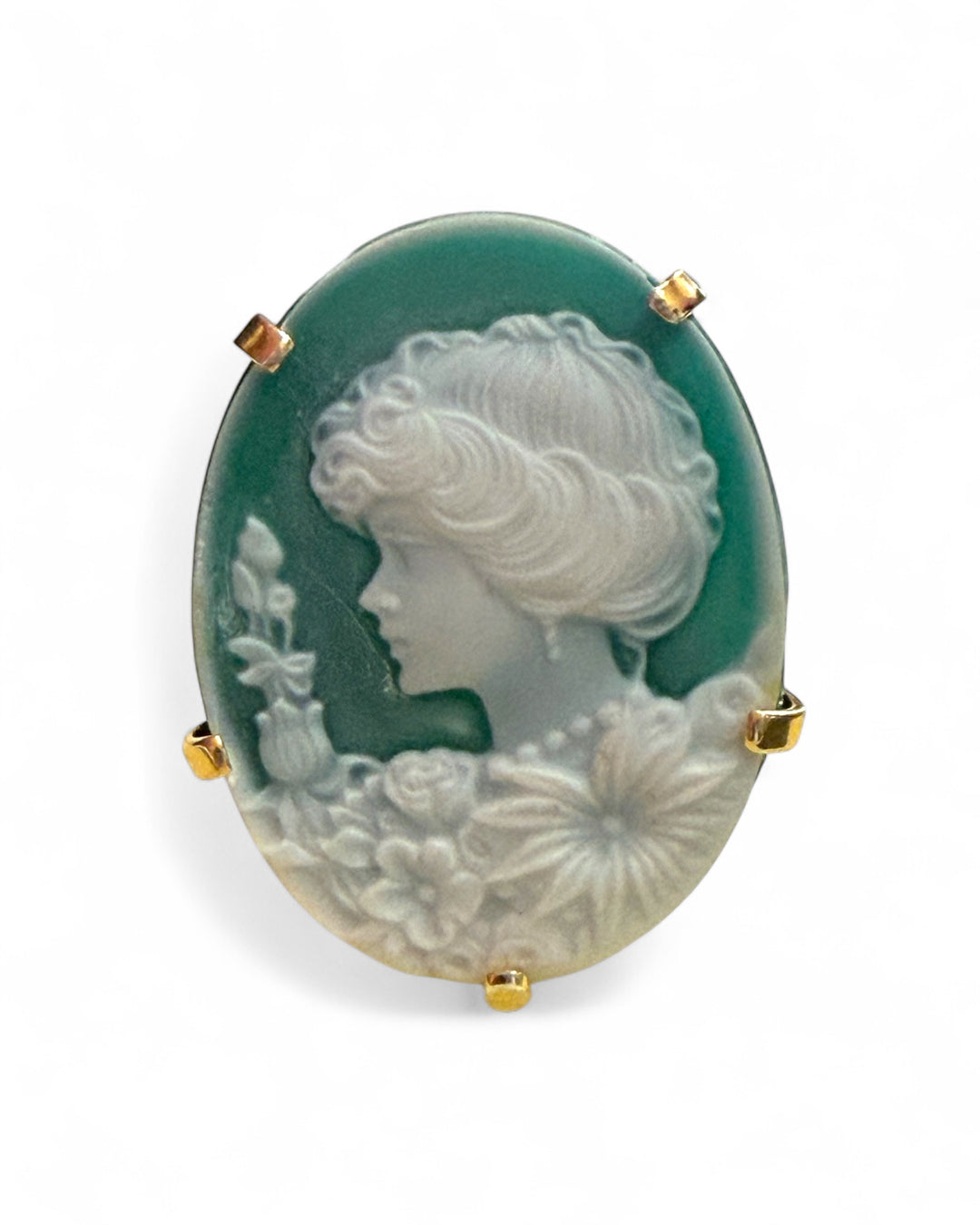 Goddess ring engraved on green agate mounted on gold-plated silver