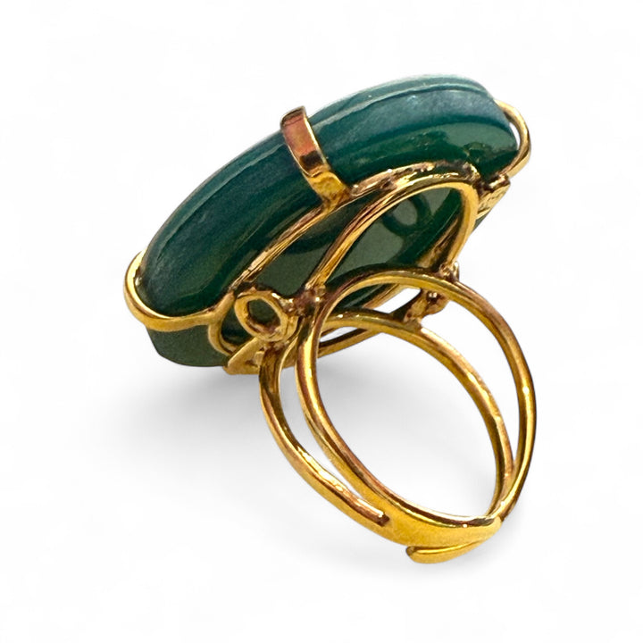 Goddess ring engraved on green agate mounted on gold-plated silver