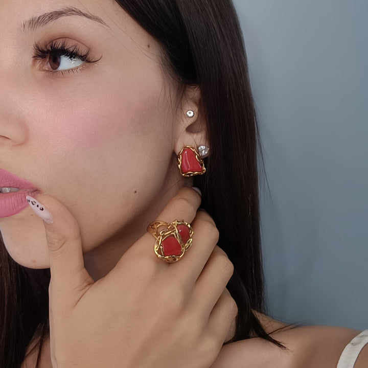 Anello due sassi di corallo montato in argento
