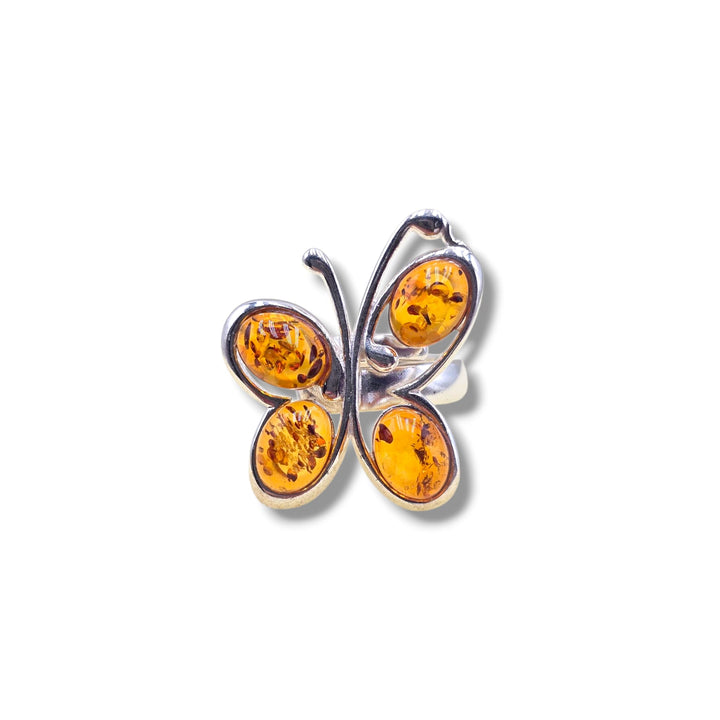 Anello farfalla di ambra montato in argento