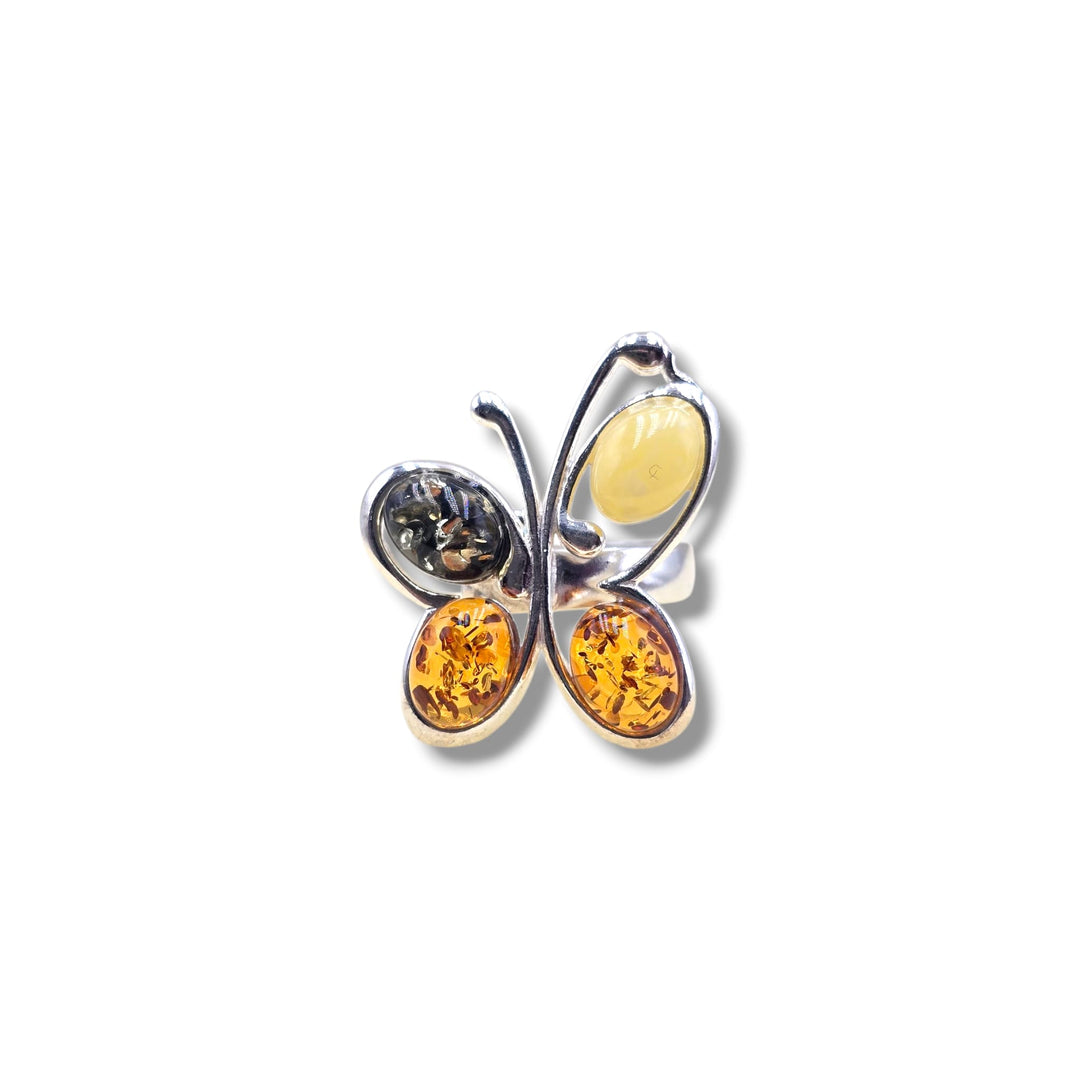 Anello farfalla di ambra montato in argento