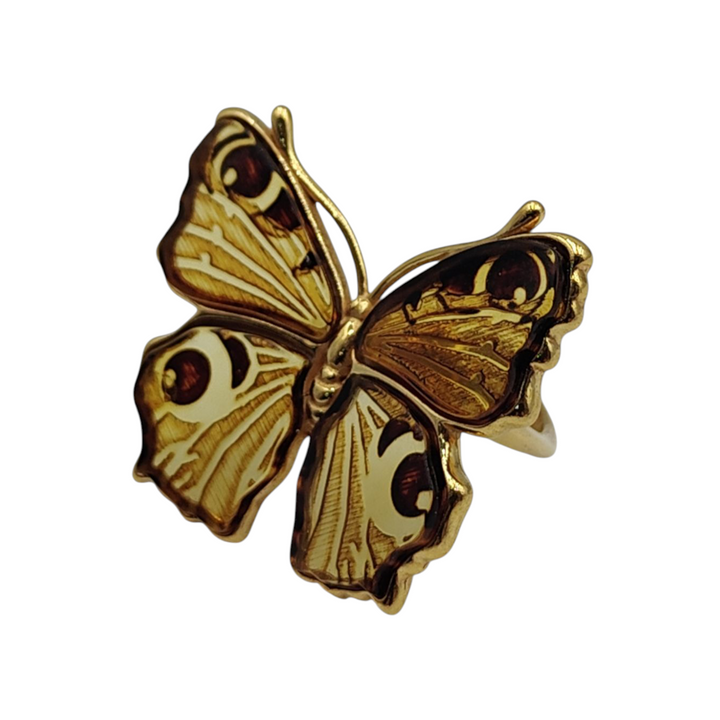 Anello farfalla in ambra montato su argento galvanica oro