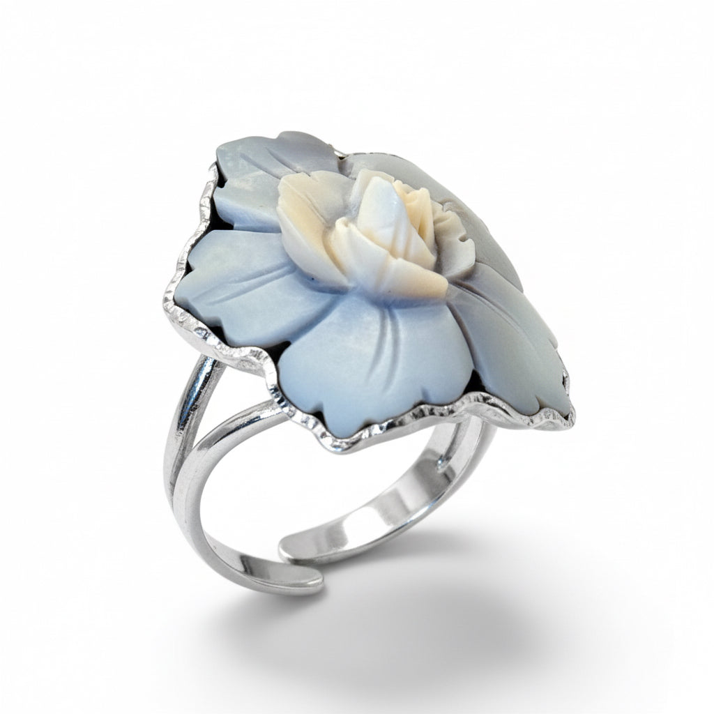 Ring with Flower Cameo mounted in Gold-Plated Silver or Natural Silver