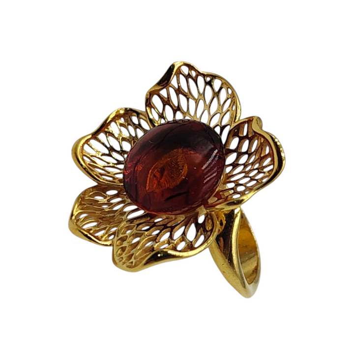 Amber flower ring mounted on gold-plated silver
