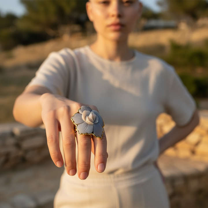 Ring with Flower Cameo mounted in Gold-Plated Silver or Natural Silver
