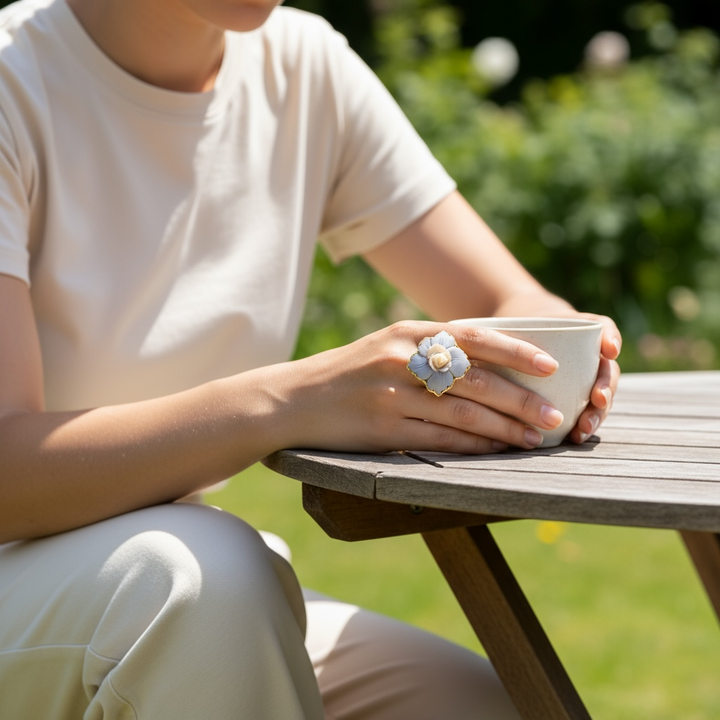 Ring with Flower Cameo mounted in Gold-Plated Silver or Natural Silver