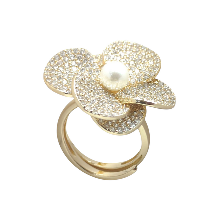 Precious pearl and zirconia flower ring set in bronze