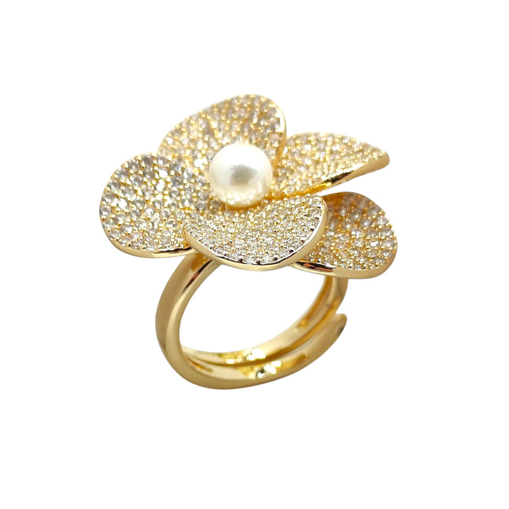 Precious pearl and zirconia flower ring set in bronze