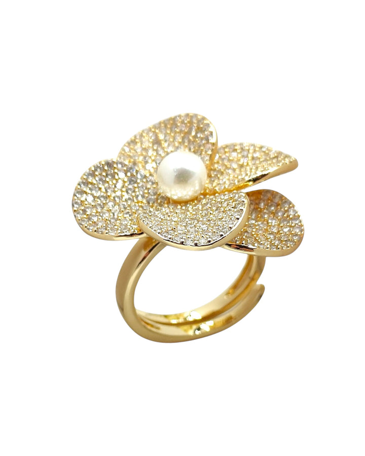 Precious pearl and zirconia flower ring set in bronze