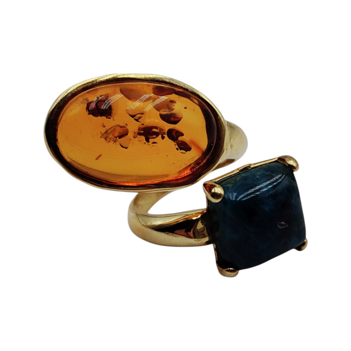 Amber and apatite ring mounted on silver
