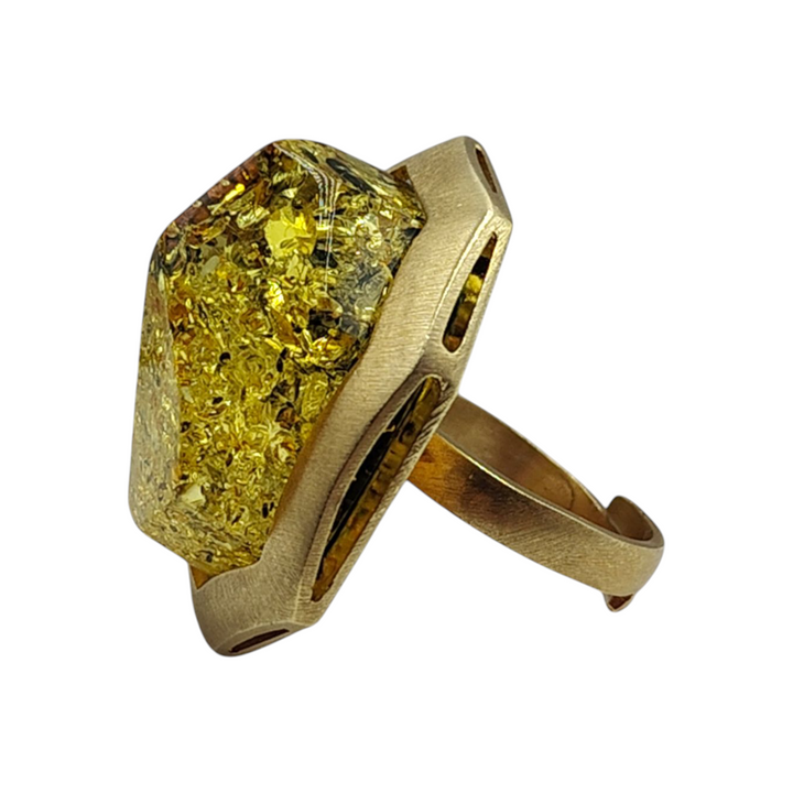 Green and red amber ring mounted on gold plated silver