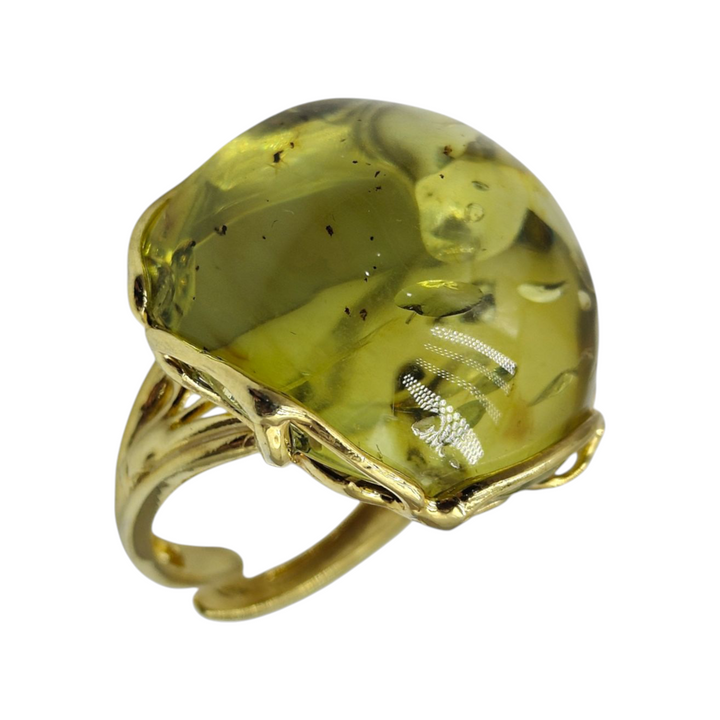 Green amber ring mounted on silver