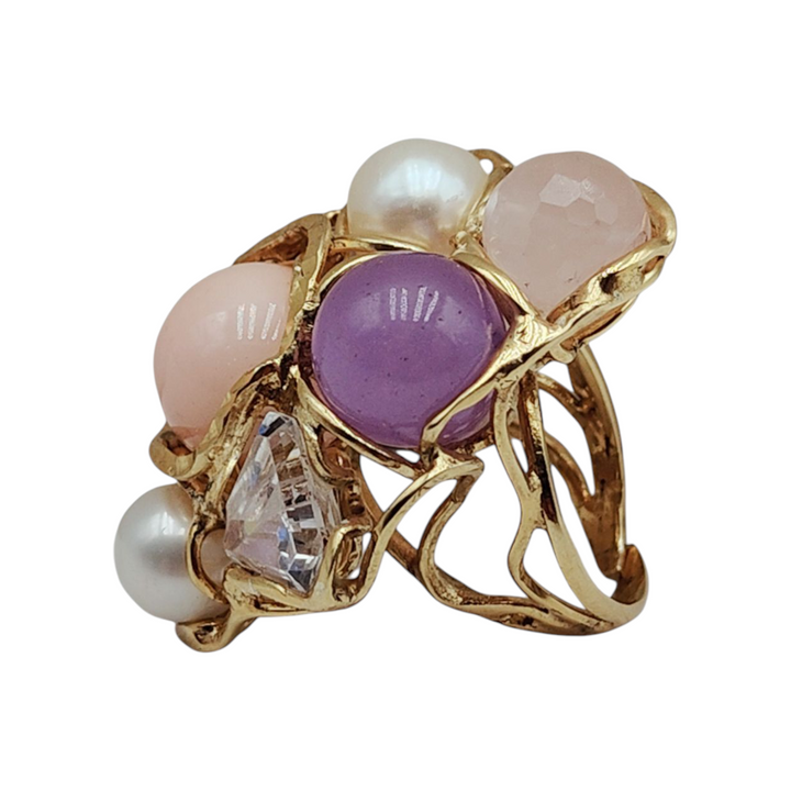 Pearl, coral, pink agate and rock crystal ring on silver