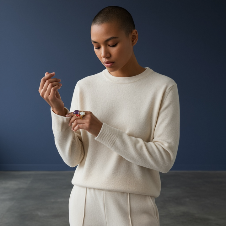 Trilogy Ring of Precious Stones and Gems set in Gold-Plated Silver