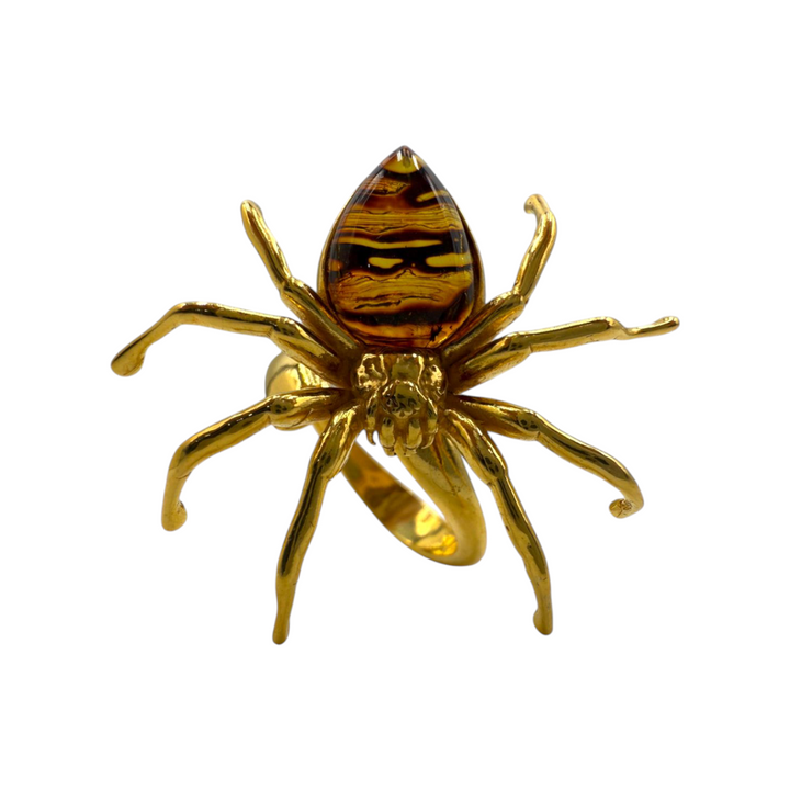 Amber spider ring mounted on gold-plated silver