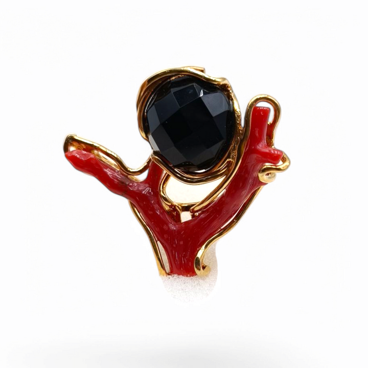 Anello ramo di corallo ed onice sfaccettato montato su argento