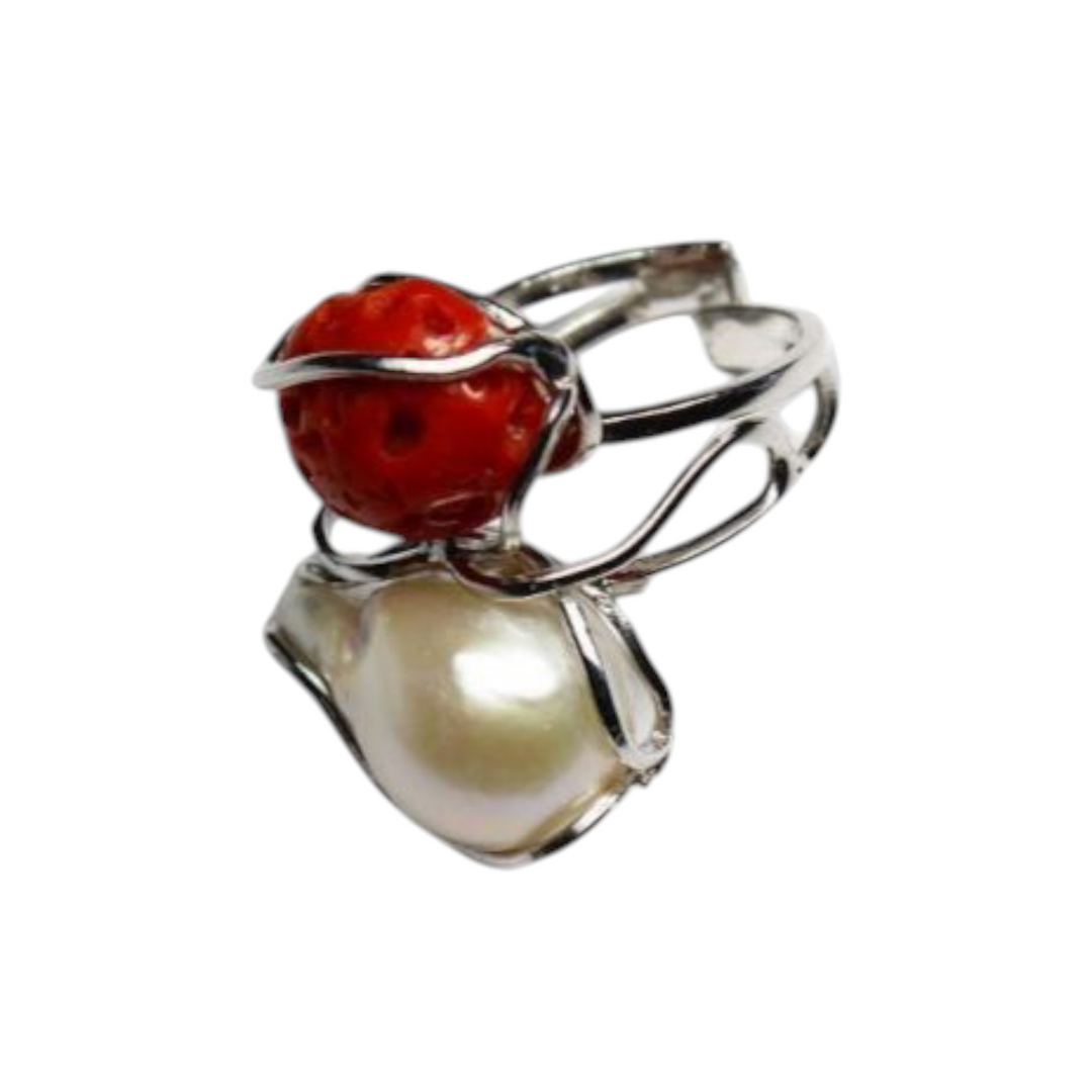 Anello ramo in corallo perla montato su argento Lucia Vitiello Gioielli di Napoli