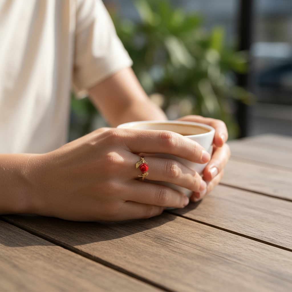 Pink Red Coral Ring set in Gold-Plated Silver