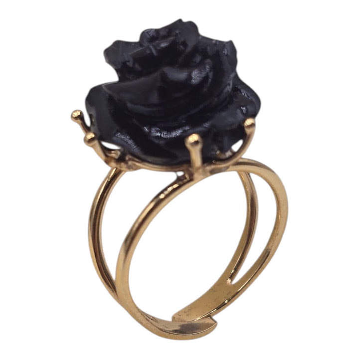 Black coral “rose” ring mounted in gold-plated silver