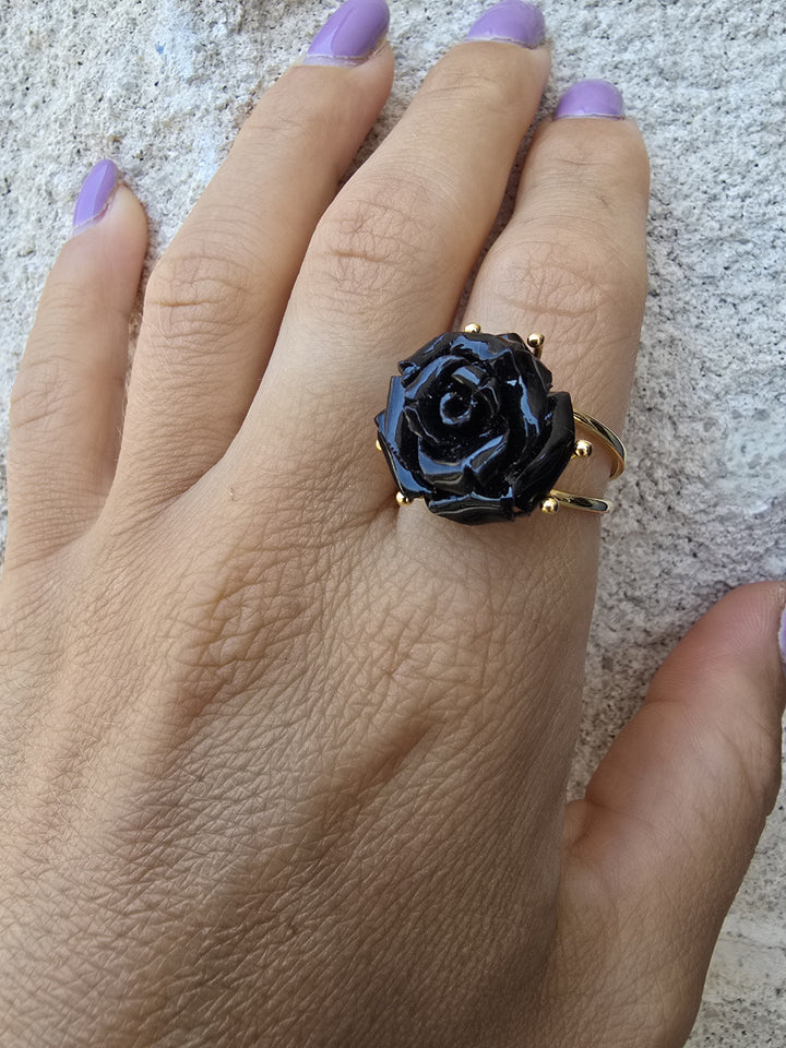 Black coral “rose” ring mounted in gold-plated silver