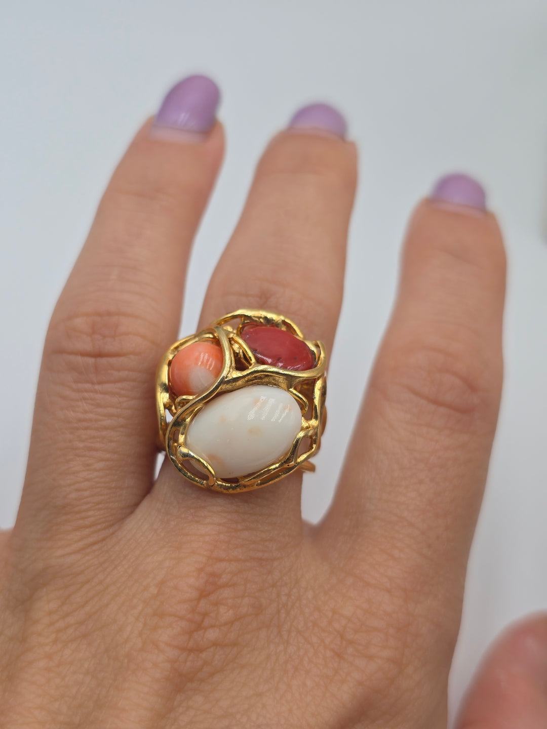 Red, pink and orange coral trio ring set in silver