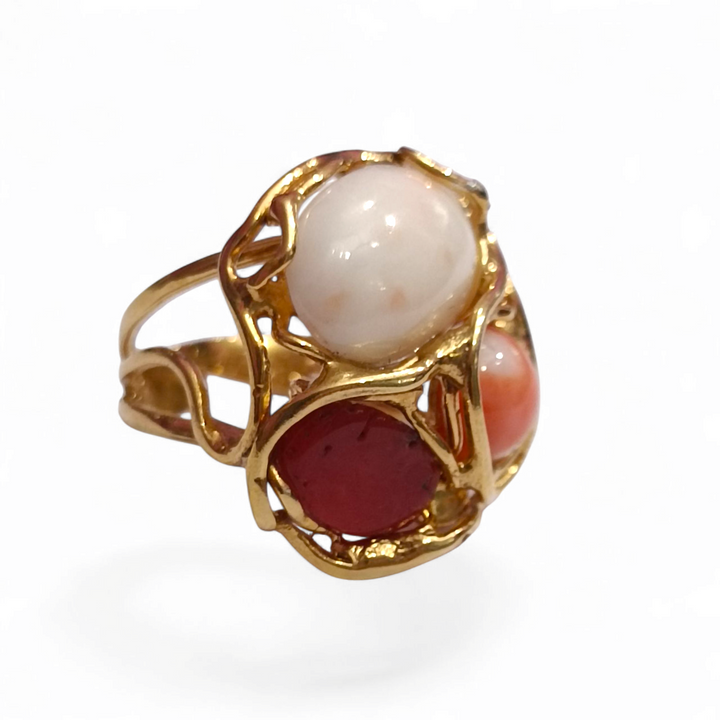 Red, pink and orange coral trio ring set in silver