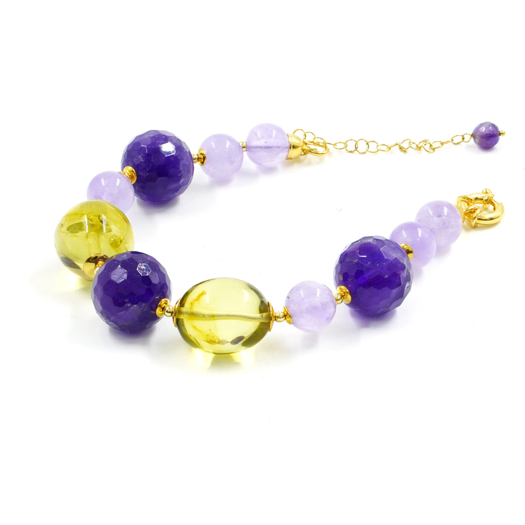Amethyst and green amber bracelet mounted on silver 