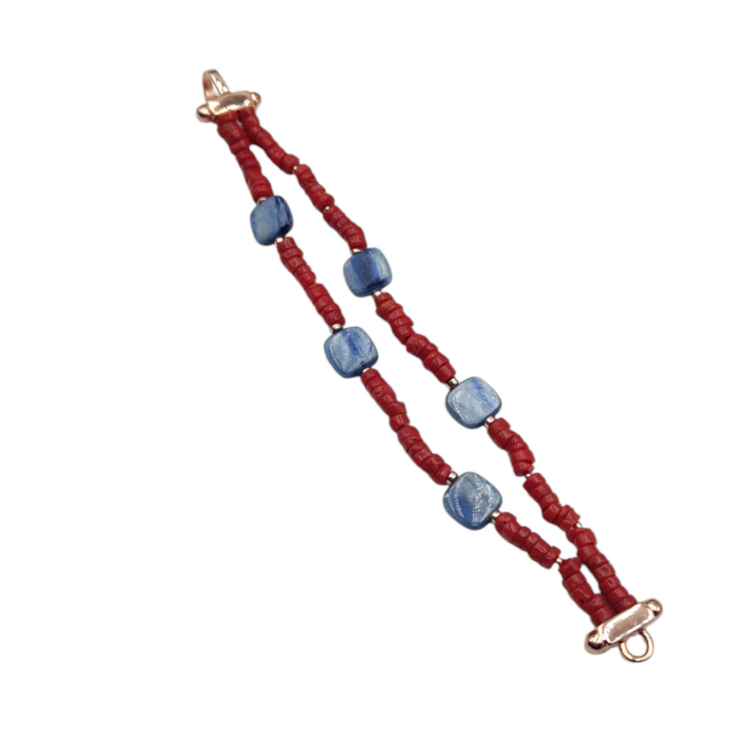 Coral and kyanite bracelet mounted on silver