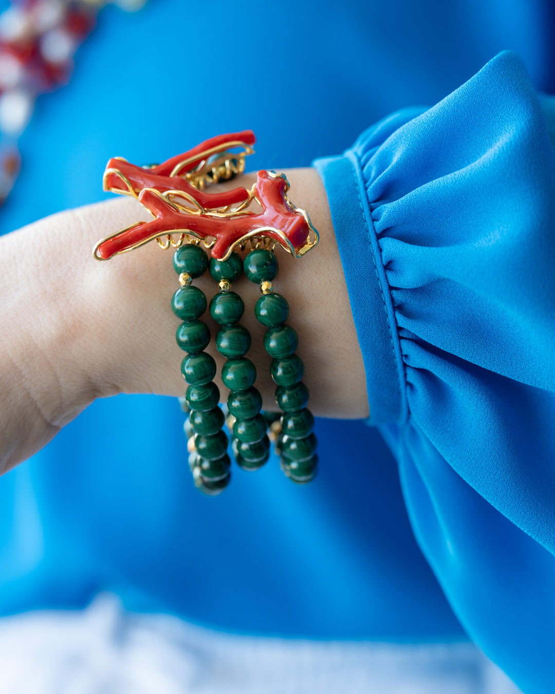 Malachite and coral bracelet mounted on silver
