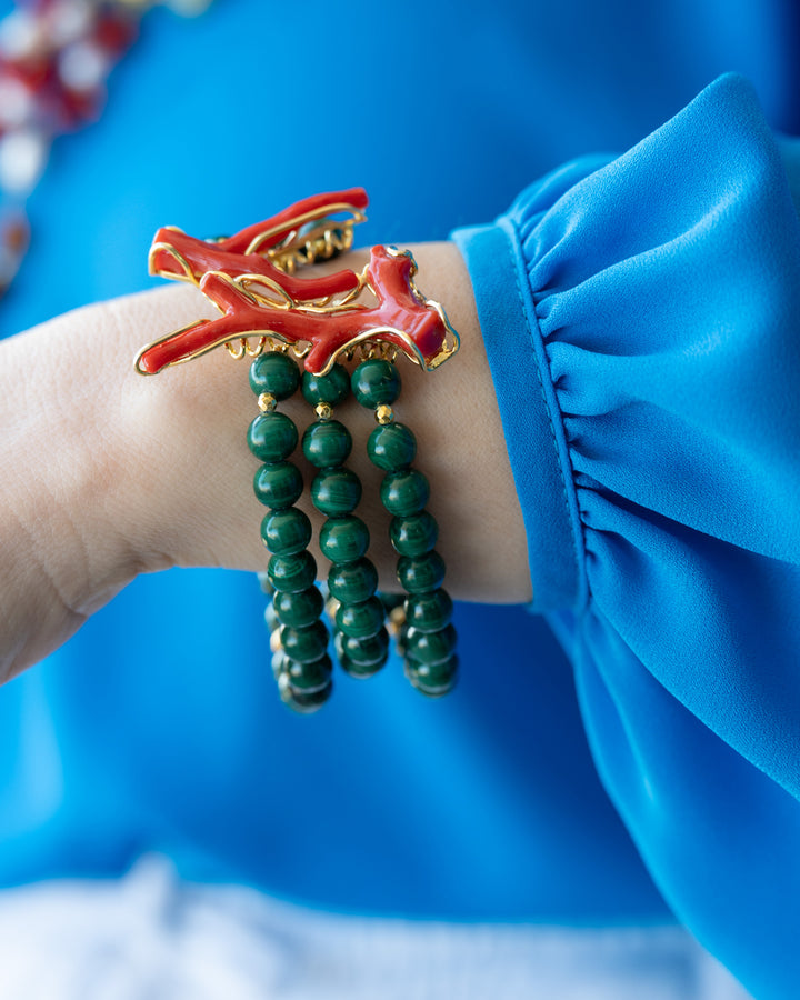 Malachite and coral bracelet mounted on silver
