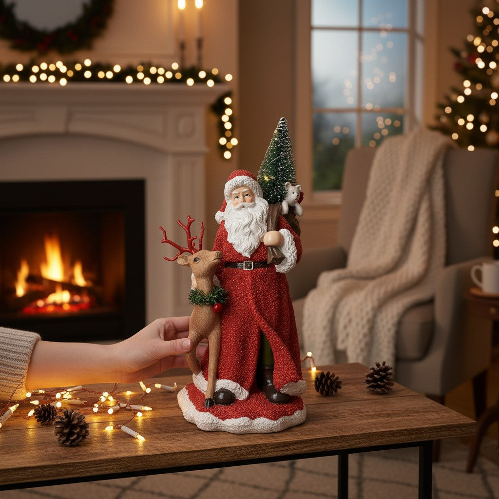 Babbo Natale con Albero e Renna rivestito in Corallo Rosso