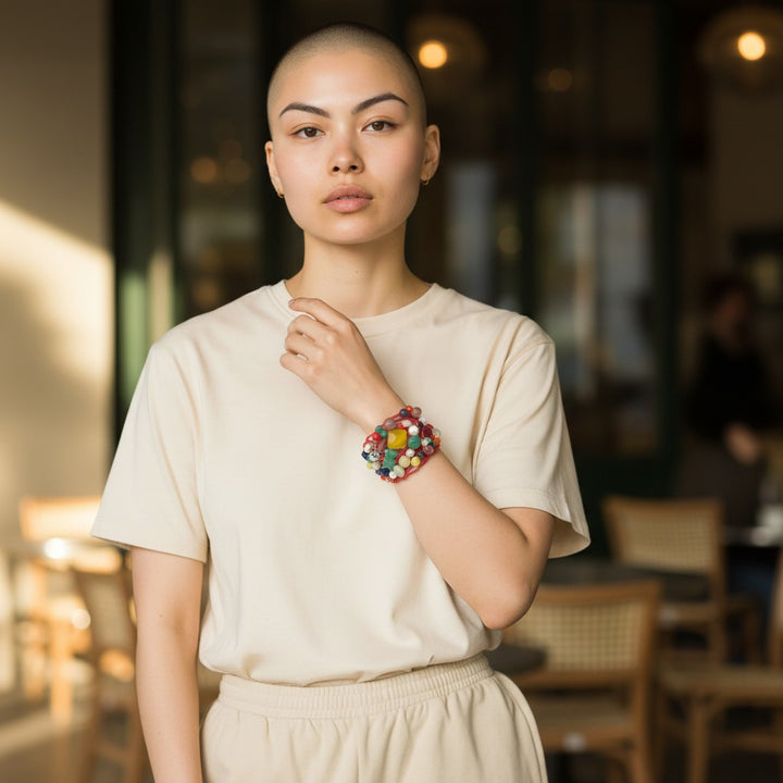 Bracciale Agata, Perle e Giada montato in Acciaio