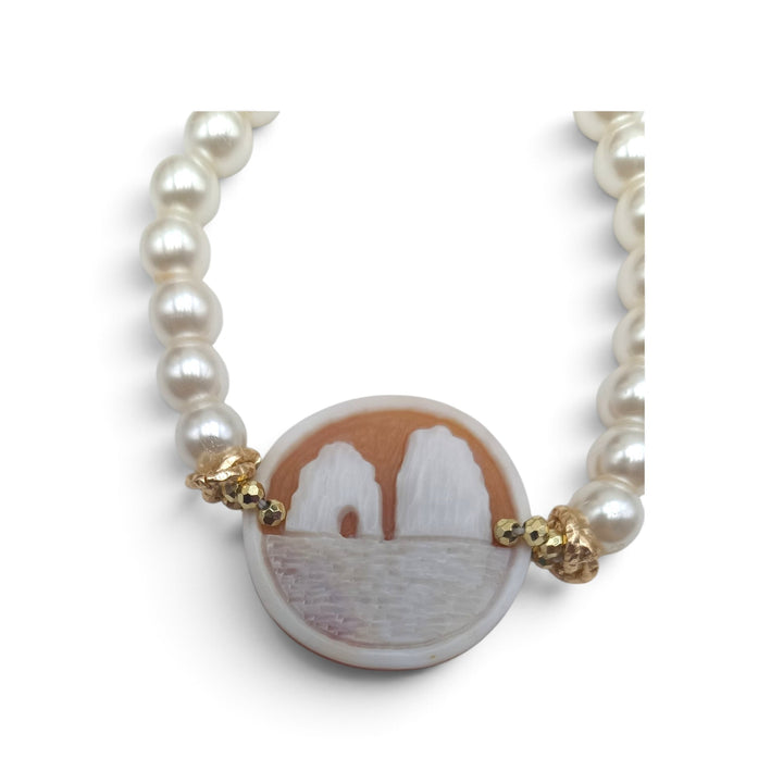 Bracciale Capri di Cammeo e Perle montato in Acciaio Dorato