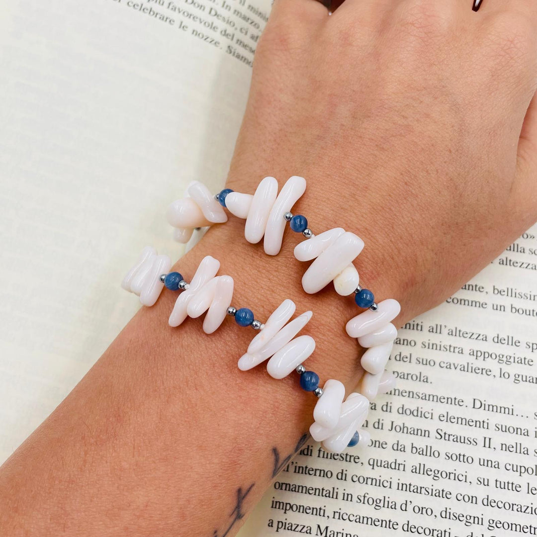 White coral and kyanite branch bracelet mounted on silver