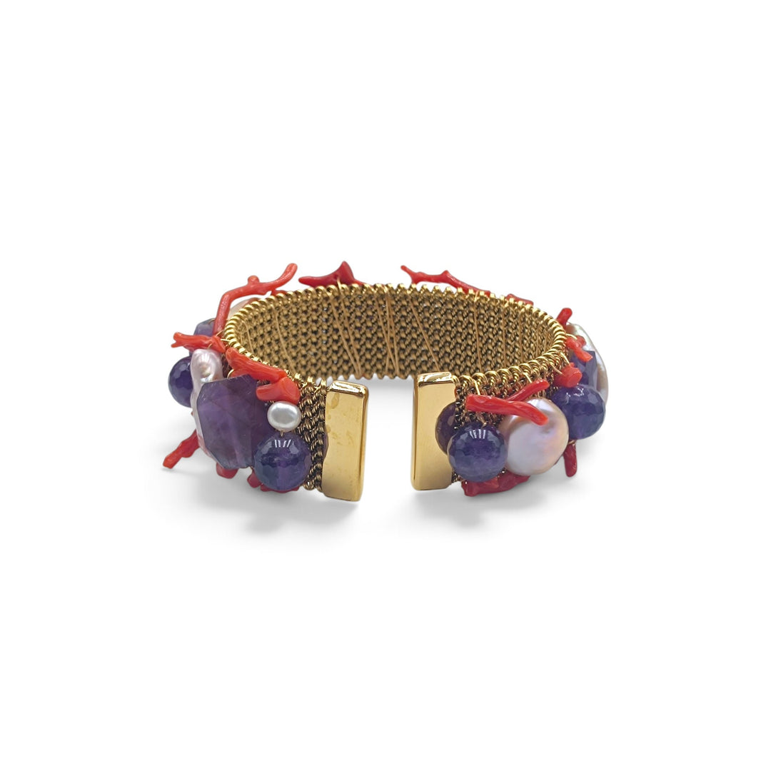 Bracciale con Corallo, Perle e Ametista montato in Acciaio Dorato