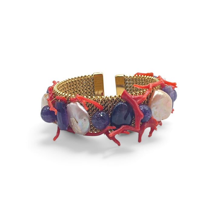 Bracciale con Corallo, Perle e Ametista montato in Acciaio Dorato