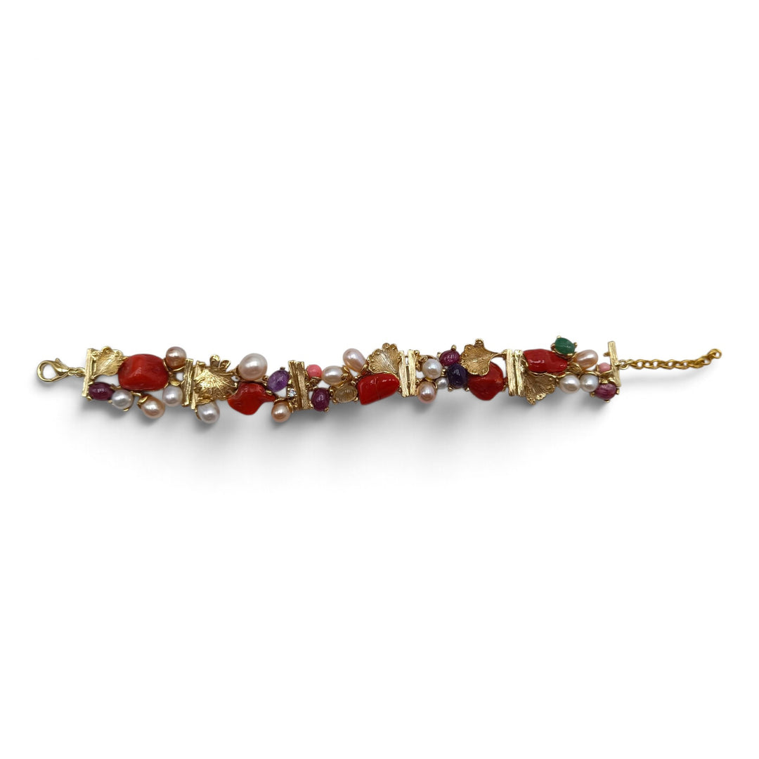 Bracciale Corallo, Perle e Ametista montato in Bronzo placcato Oro