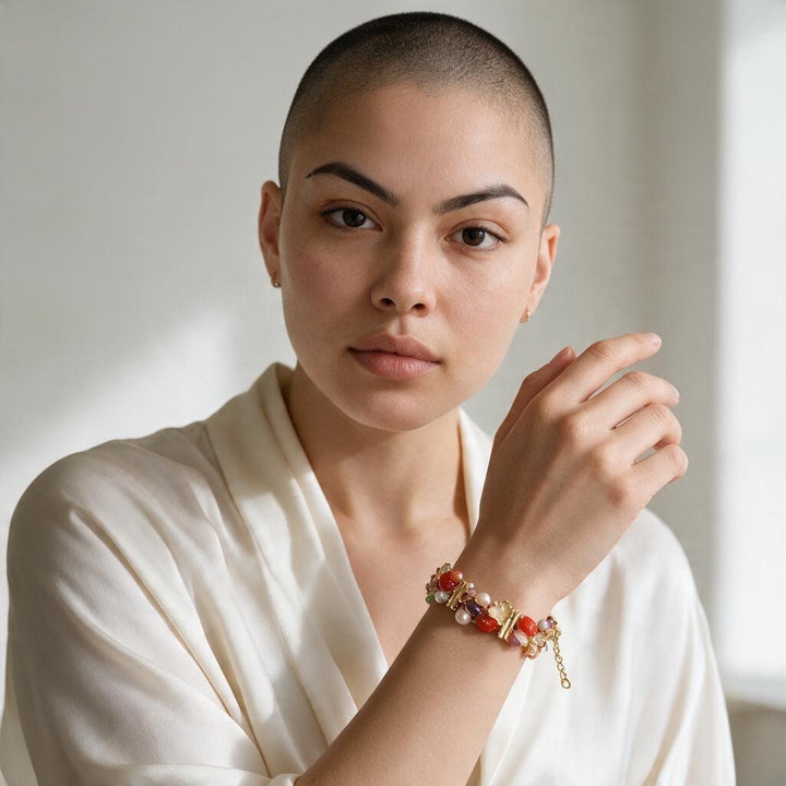Bracciale Corallo, Perle e Ametista montato in Bronzo placcato Oro