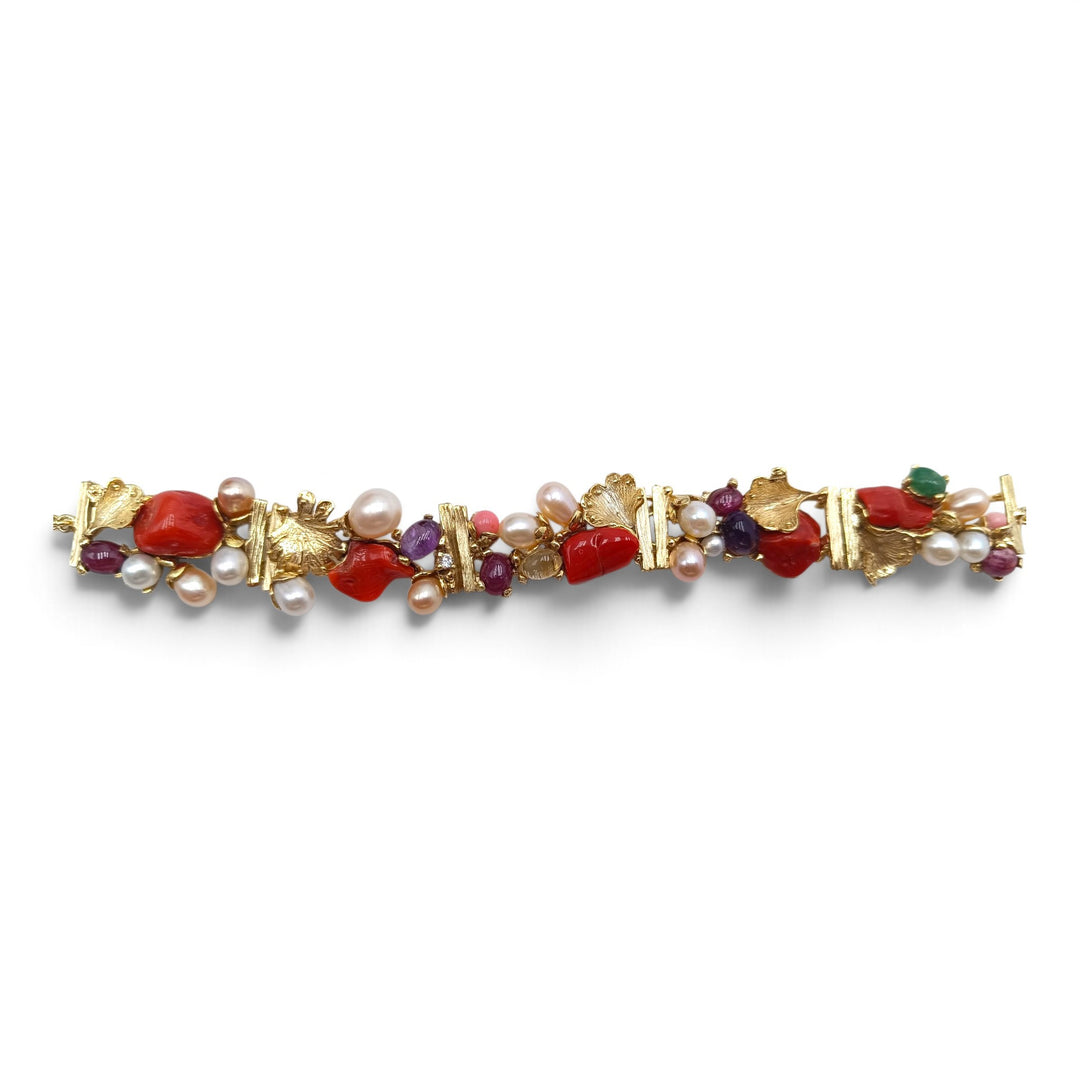 Bracciale Corallo, Perle e Ametista montato in Bronzo placcato Oro