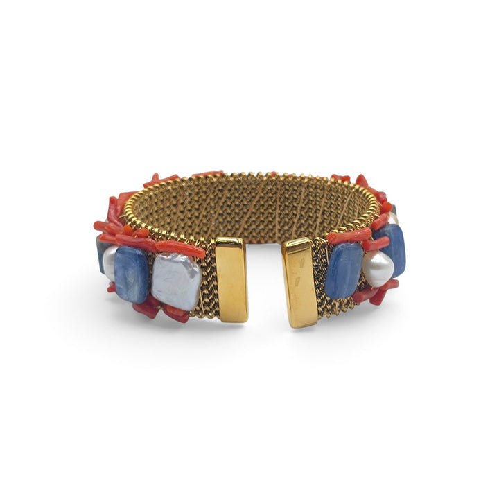 Bracciale con Corallo, Perle Cianite montato in Acciaio Dorato